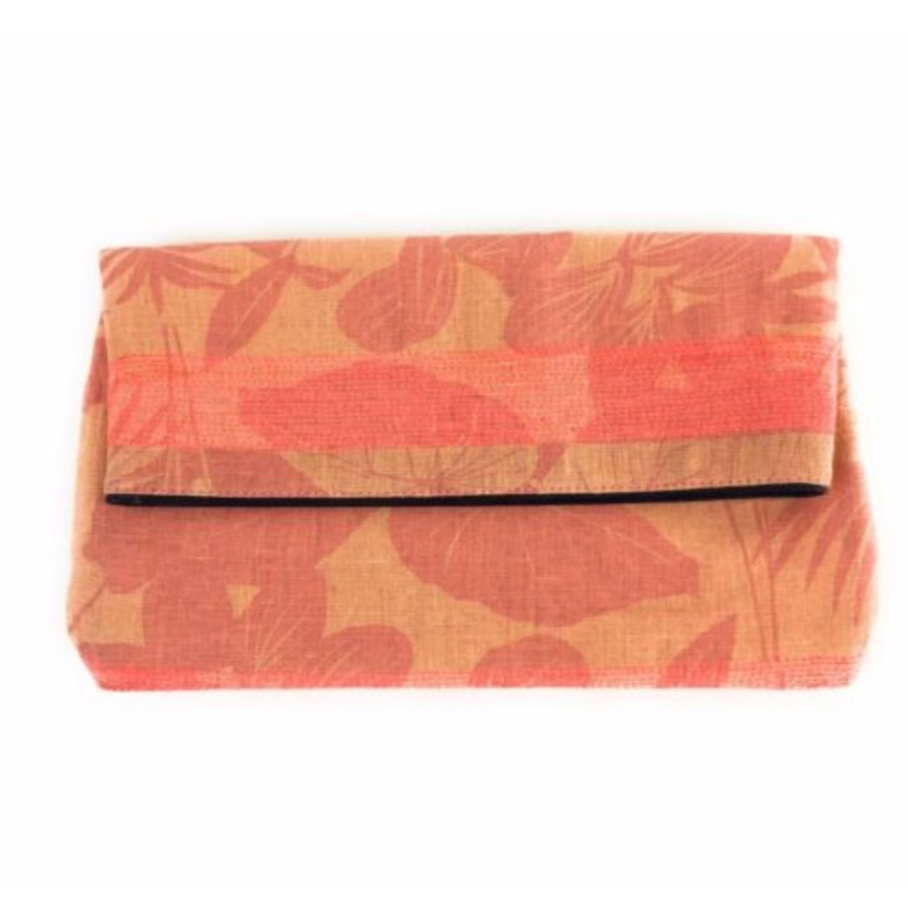NWT Koza Orange Pink Floral Linen Silk Fold Clutch